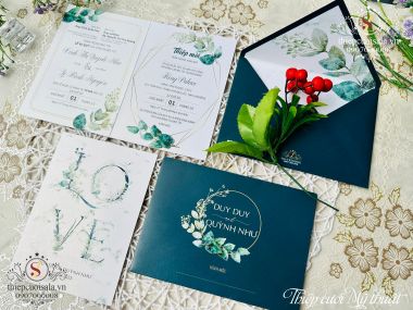 Thiệp cưới sang trọng giấy cao cấp màu xanh lá TTK