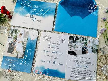 Thiệp cưới sang trọng giấy cao cấp màu xanh dương TTK