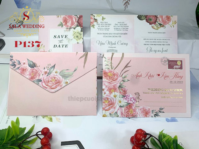 Thiệp cưới màu hồng P137