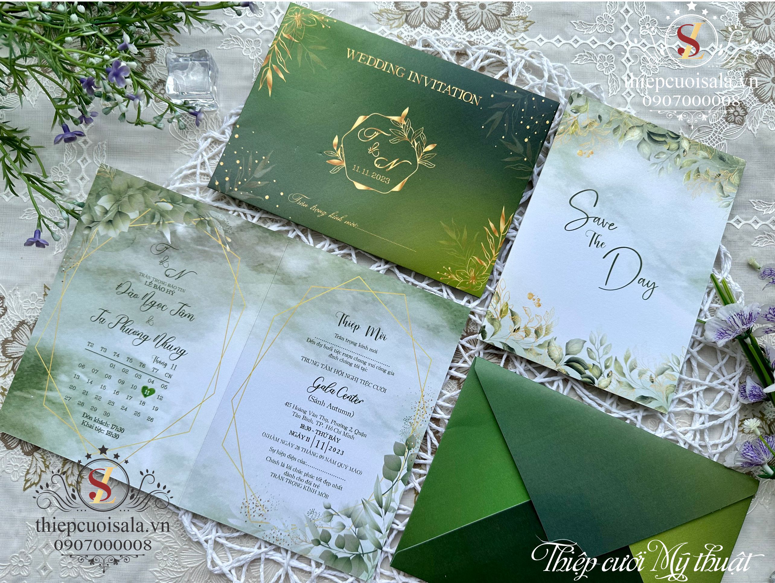 Thiệp cưới sang trọng giấy mỹ thuật cao cấp màu xanh rêu TTK