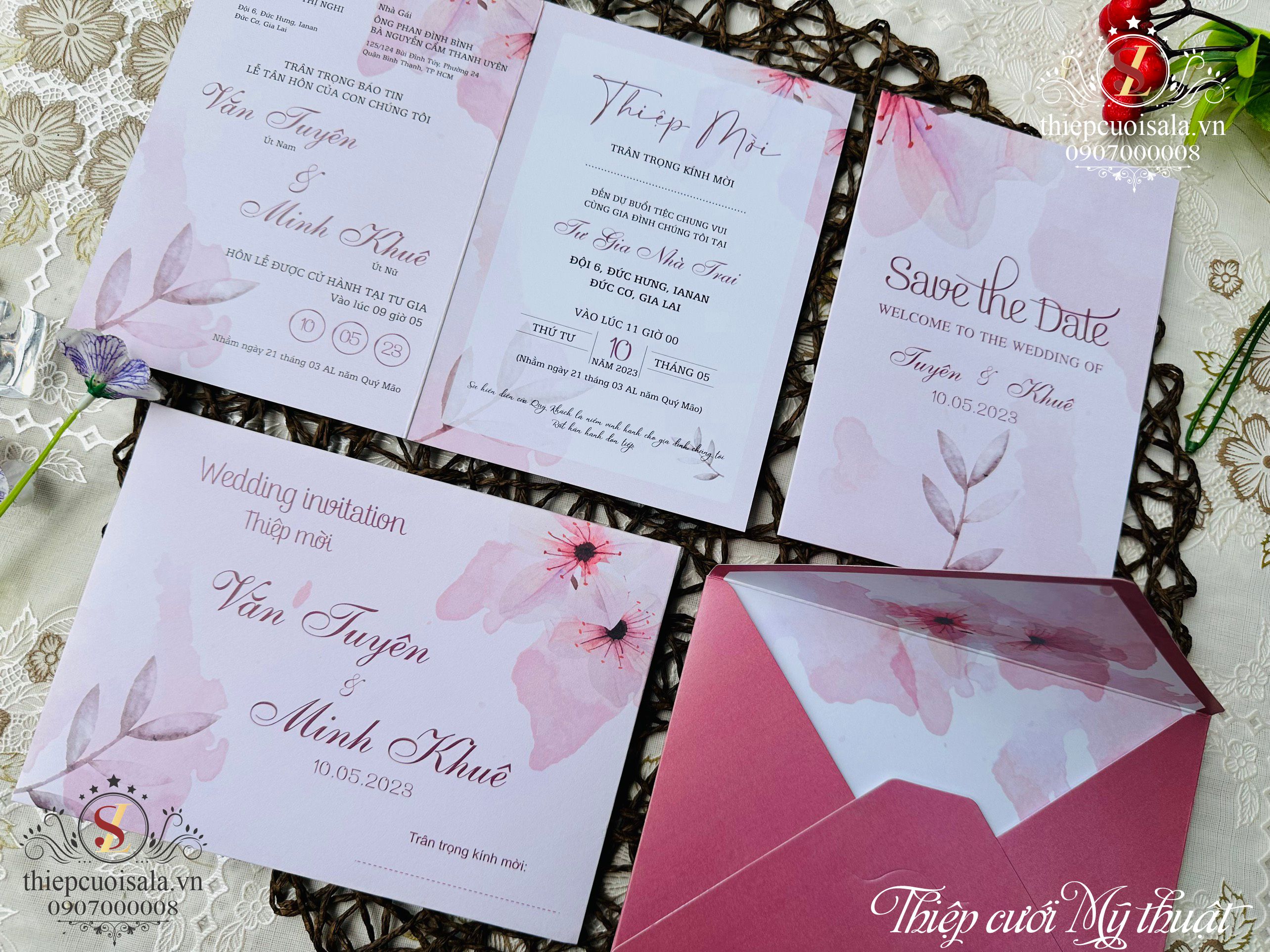 Thiệp cưới sang trọng giấy cao cấp màu hồng TTK