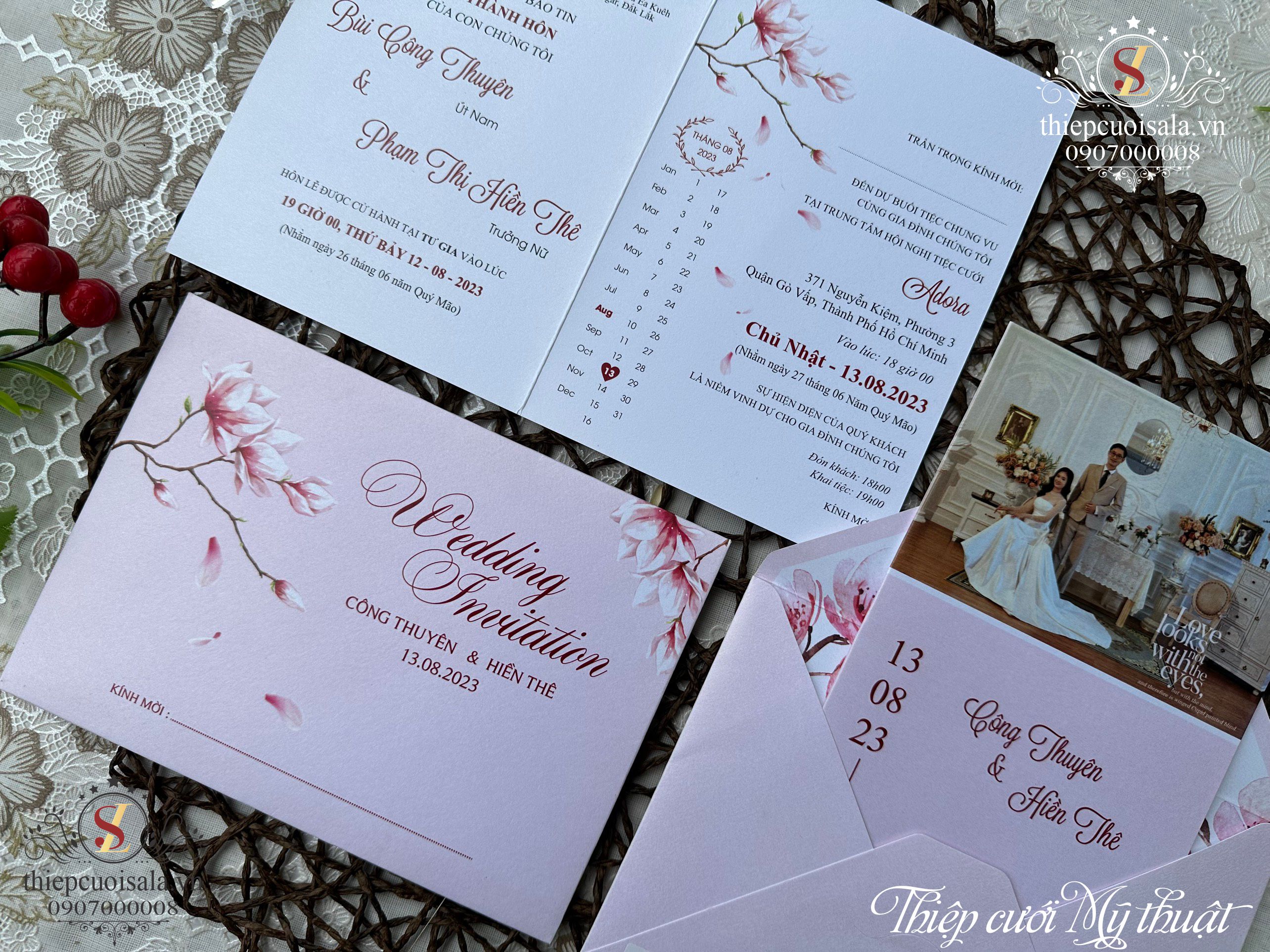 Thiệp cưới sang trọng giấy mỹ thuật cao cấp màu hồng TTK