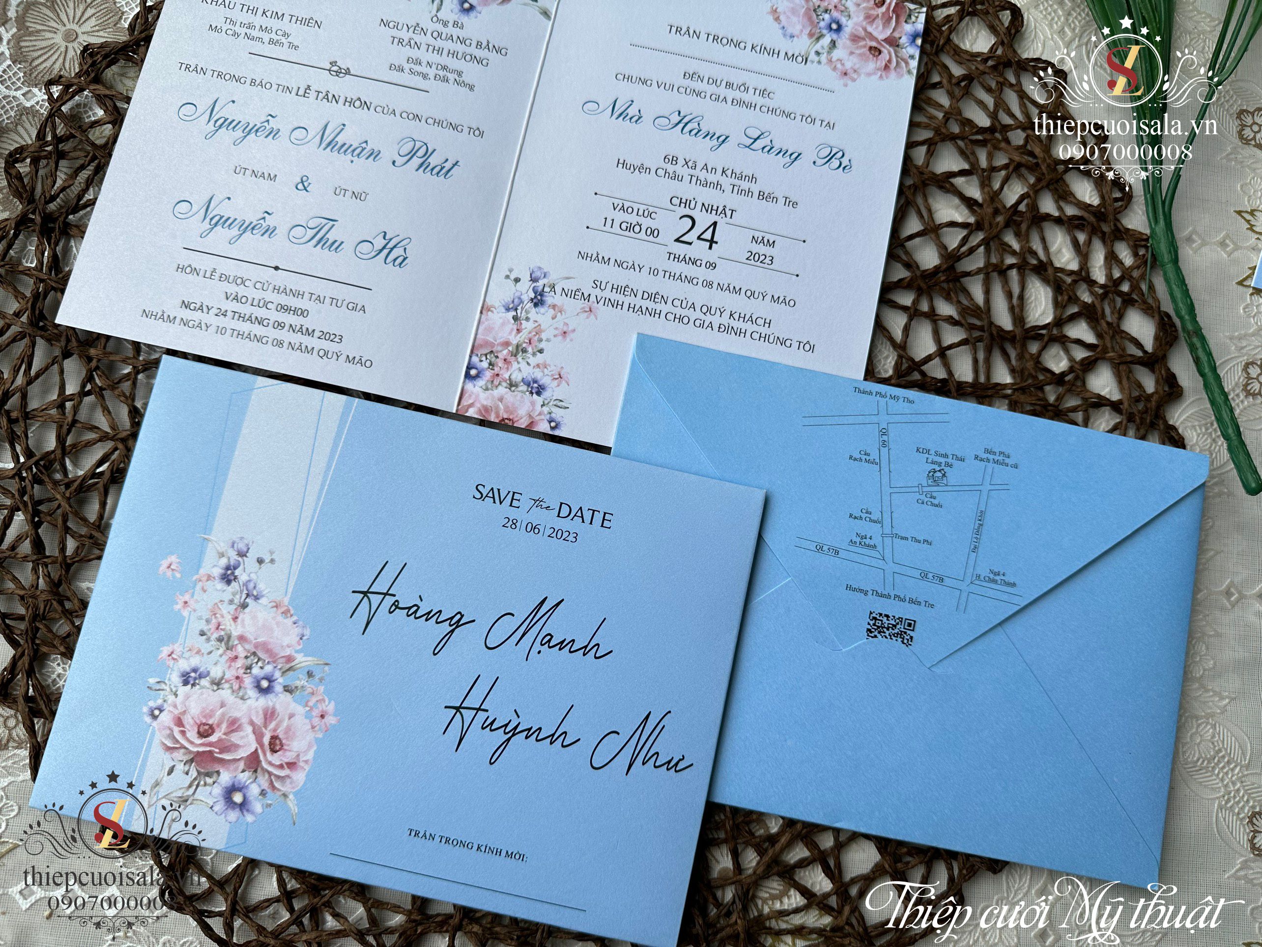 Thiệp cưới sang trọng giấy cao cấp màu xanh TTK