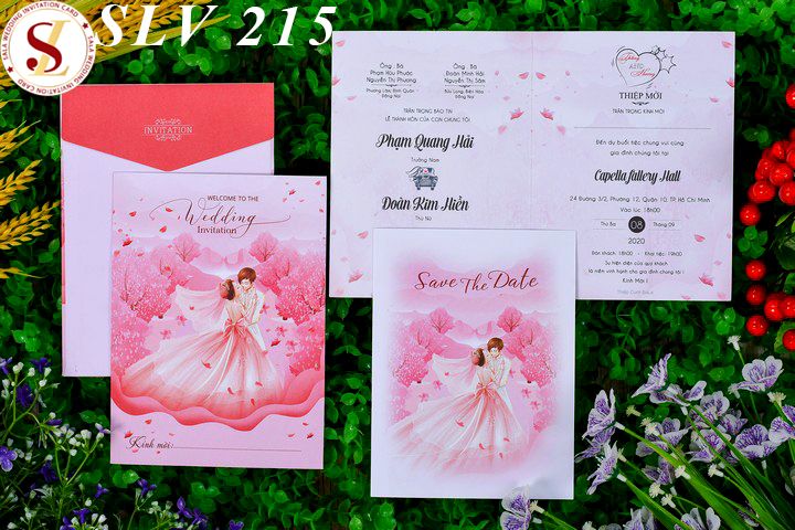 Thiệp cưới màu hồng SLV215