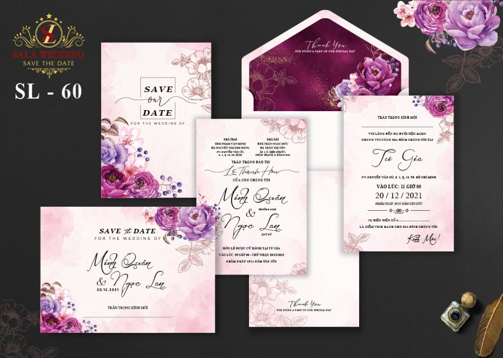 Vector thiệp mời cưới trang trí hoa gam màu hồng phấn đẹp